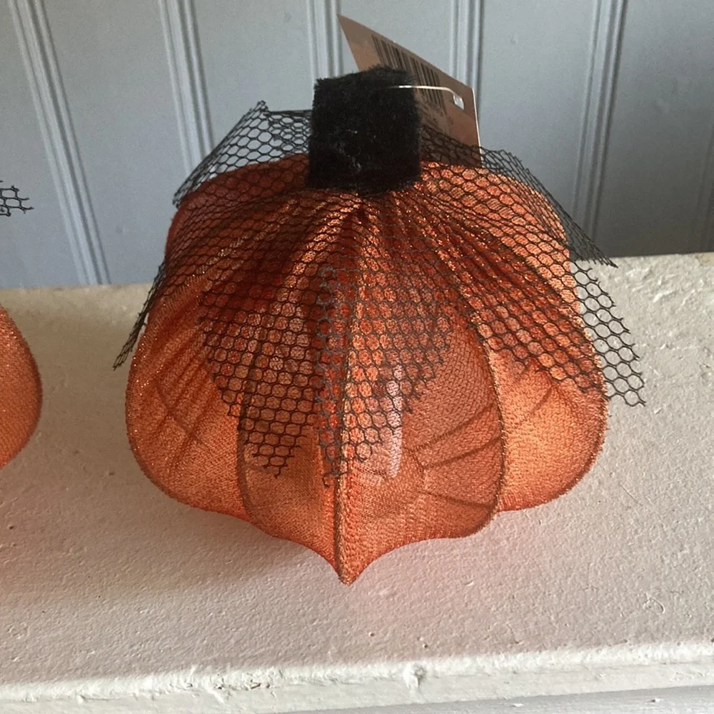 NWT- 2- Elegant Orange Lace Covered Light Up LED Halloween Pumpkin Decorations